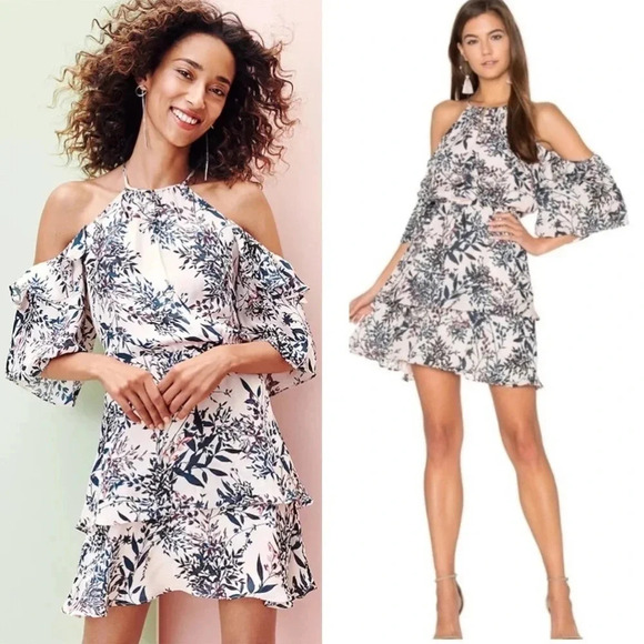 Parker Lianna Silk Floral Cold Shoulder Ruffle Dress XS Pink Wedding Guest - Picture 1 of 14